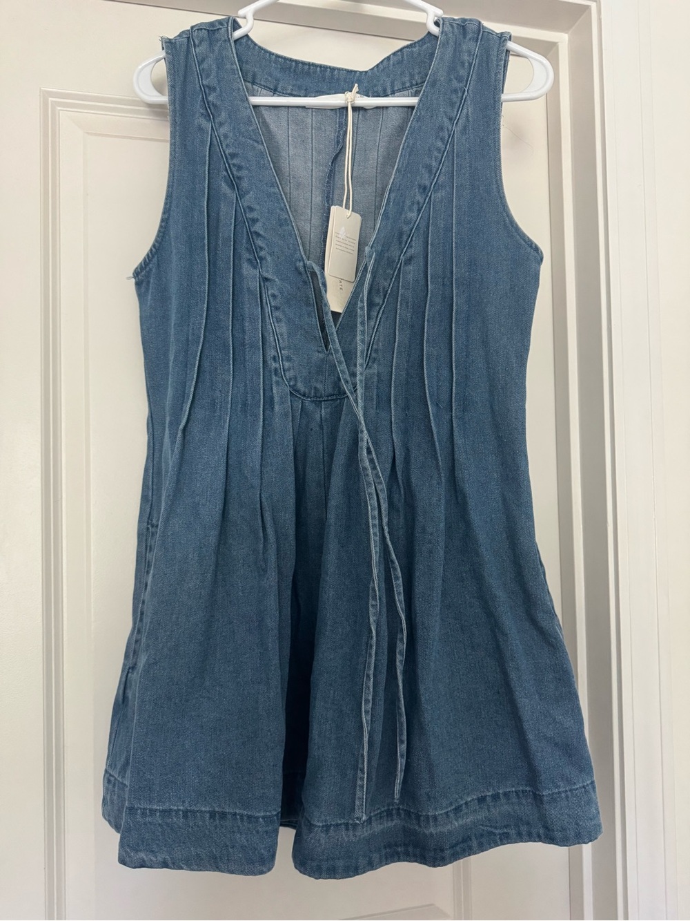 Altar'd State Blue Sleeveless Denim Tunic with V-Neck Tie